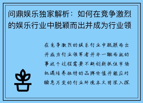 问鼎娱乐独家解析：如何在竞争激烈的娱乐行业中脱颖而出并成为行业领军者