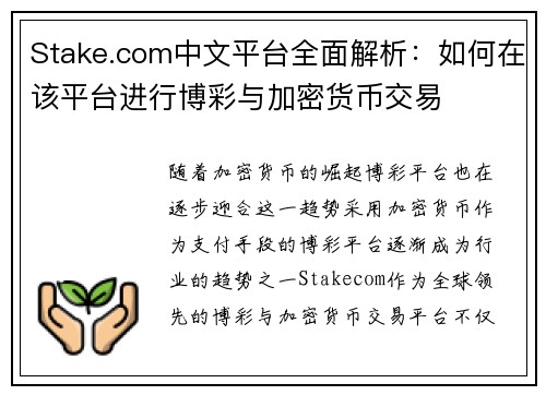 Stake.com中文平台全面解析：如何在该平台进行博彩与加密货币交易