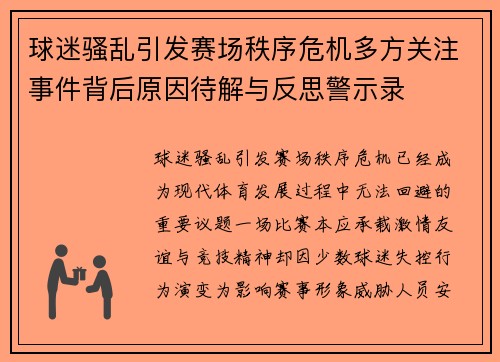 球迷骚乱引发赛场秩序危机多方关注事件背后原因待解与反思警示录